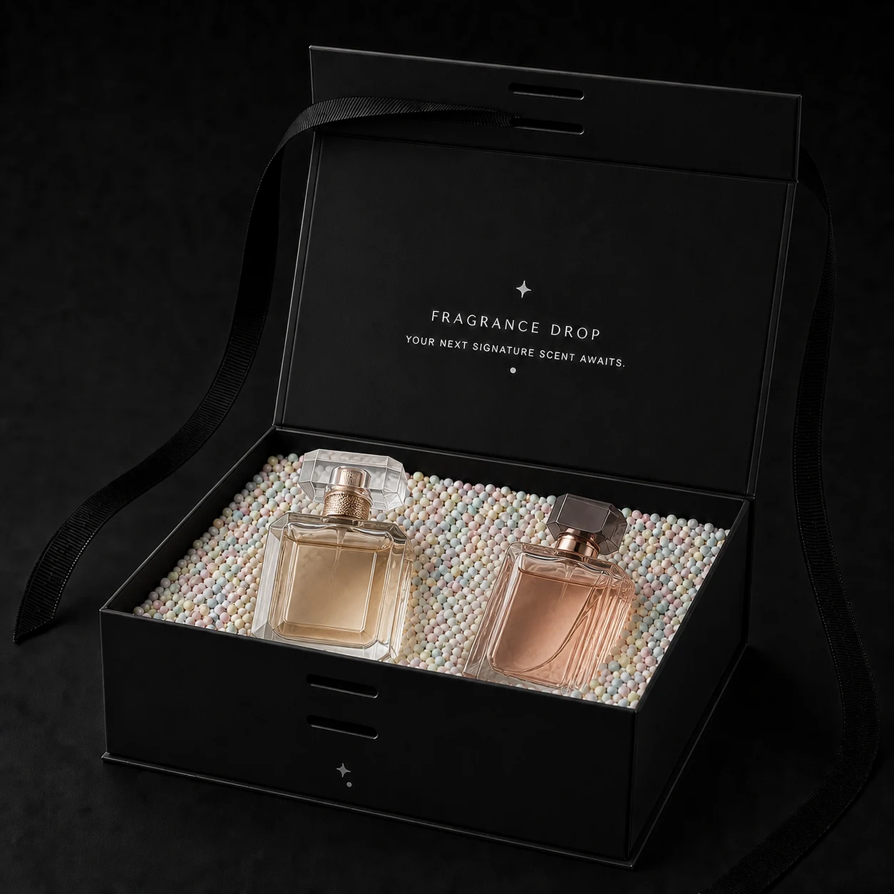 Open TadaDrop Discovery Fragrance Drop with two unbranded full-size fragrance bottles