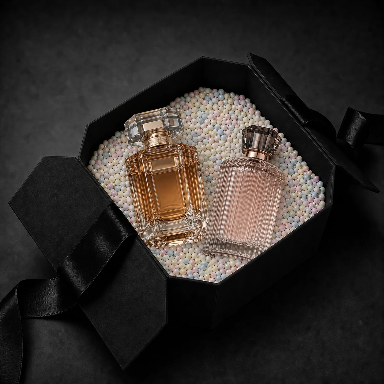Open TadaDrop Reserve Fragrance Drop with two elevated unbranded full-size fragrance bottles